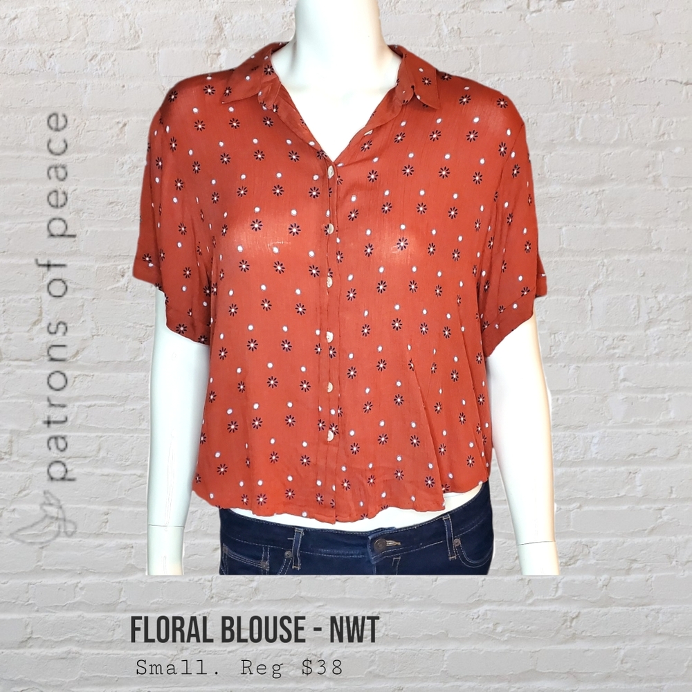Patrons of Peace Floral Terracotta Short Sleeved Blouse Women's Size Small